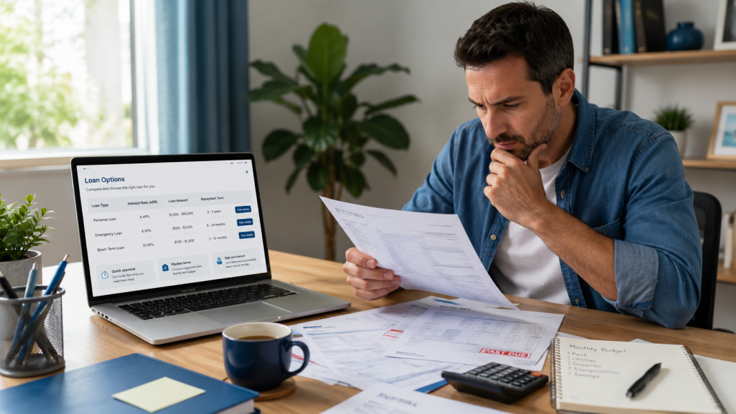 Person reviewing emergency loan options for unexpected expenses