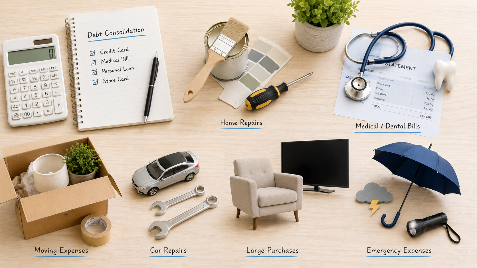 Common personal loan uses including debt consolidation, home repairs, medical bills, car repairs, and emergency expenses