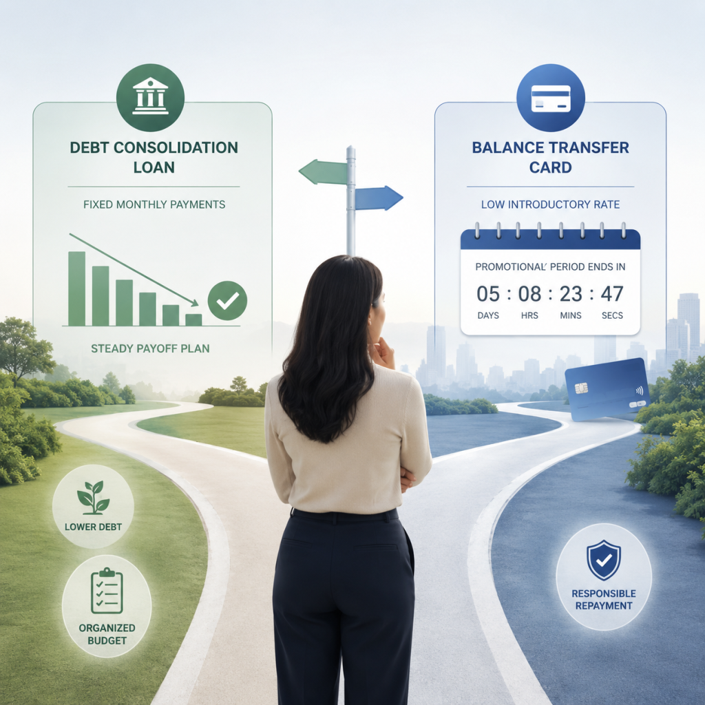 Borrower choosing between fixed loan payments and a promotional balance transfer card