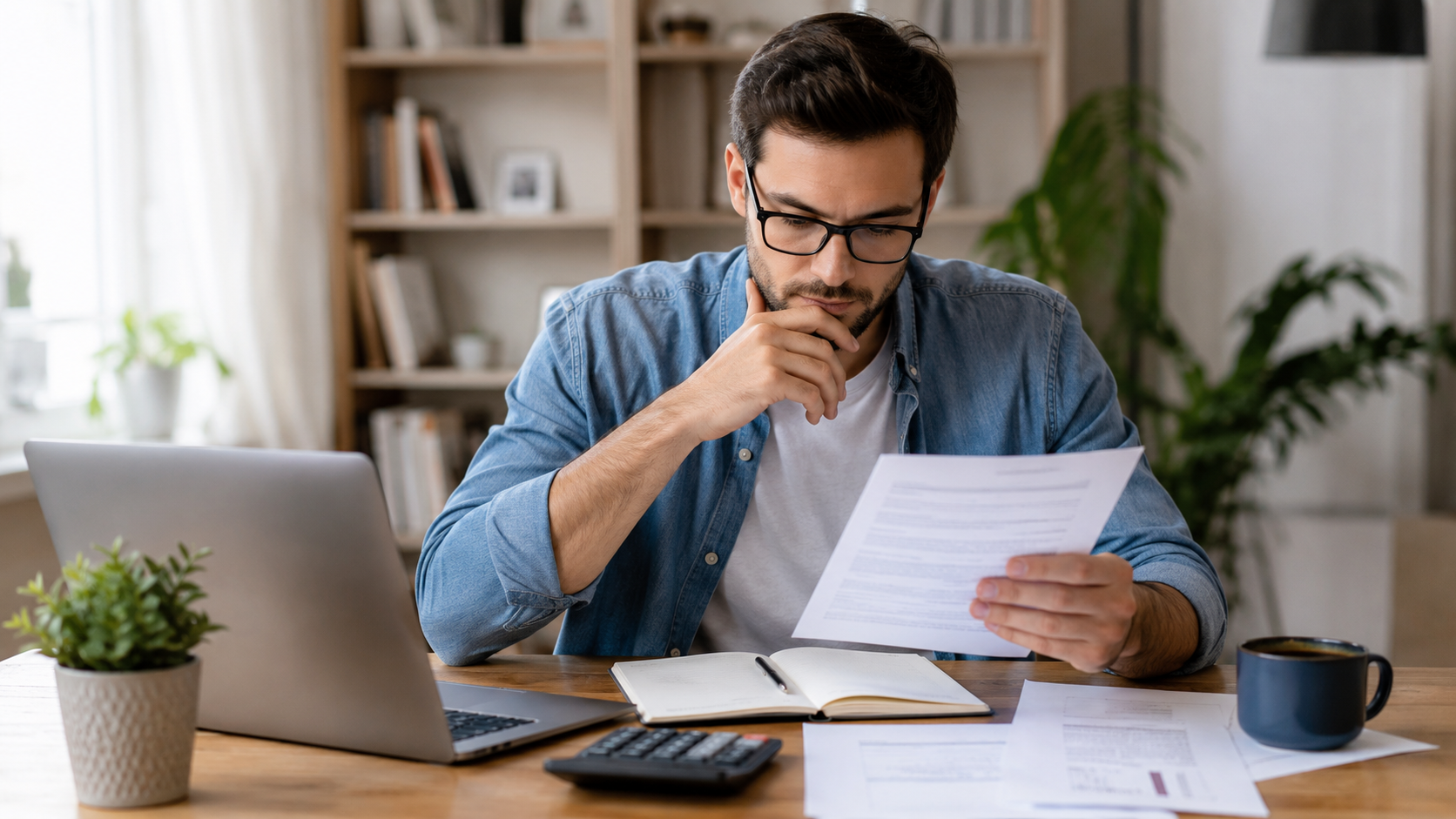 Person reviewing personal loan terms with a calculator and laptop