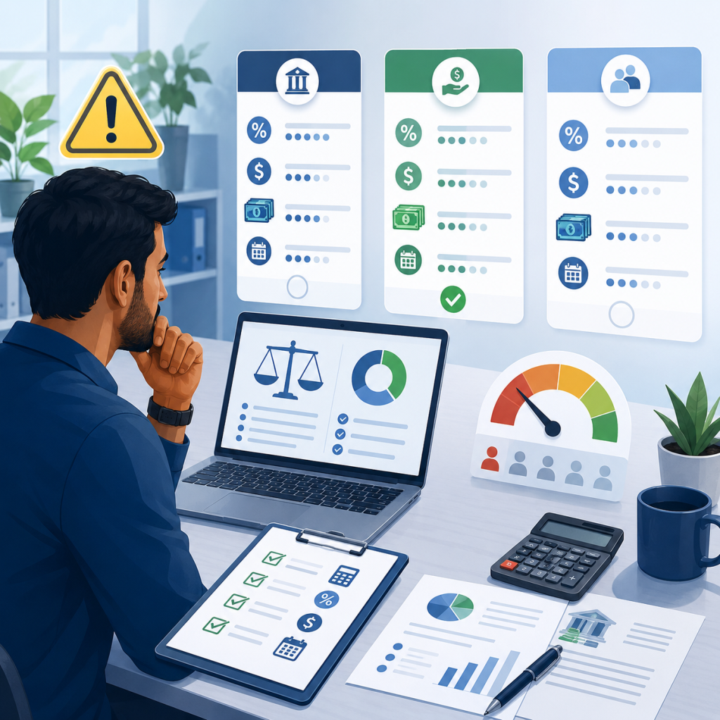 Borrower comparing debt consolidation loan APRs, fees, payments, and terms