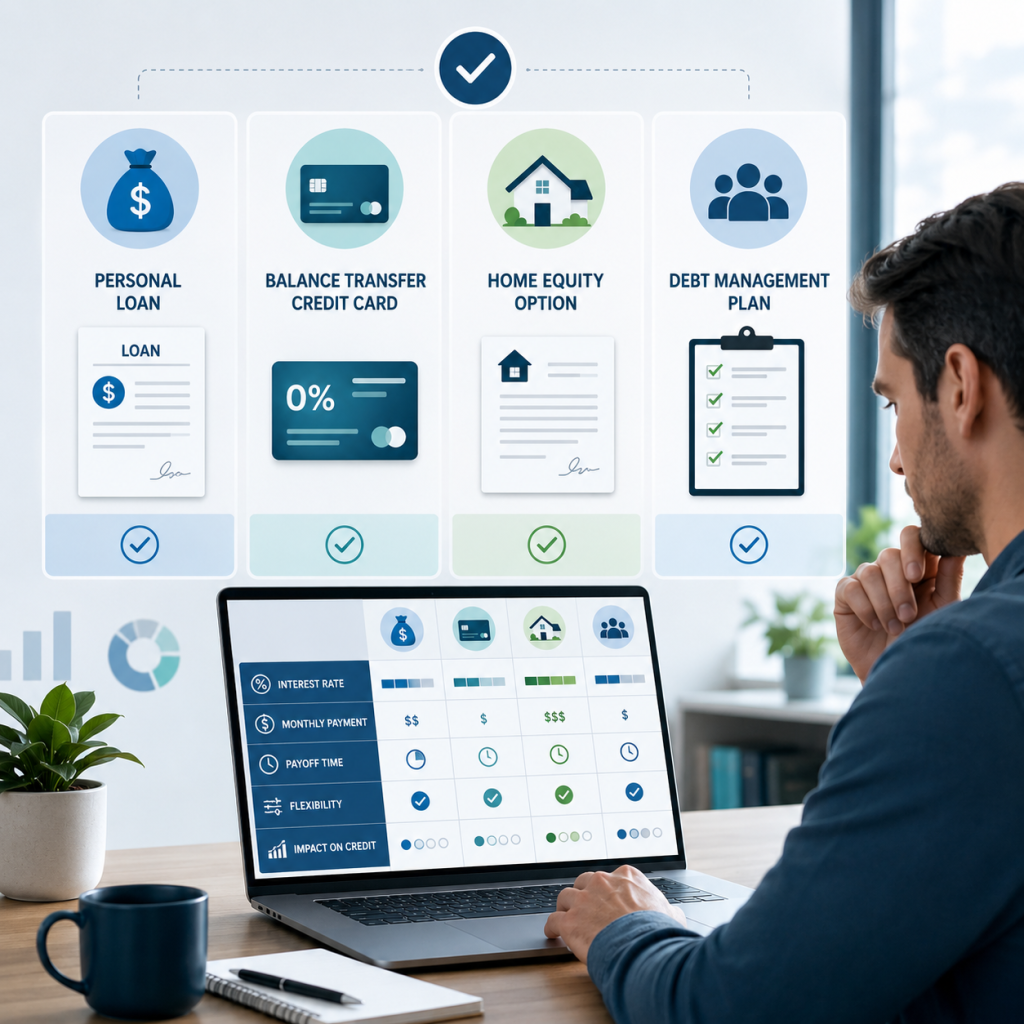 Comparing a personal loan, balance transfer card, home equity option, and debt management plan
