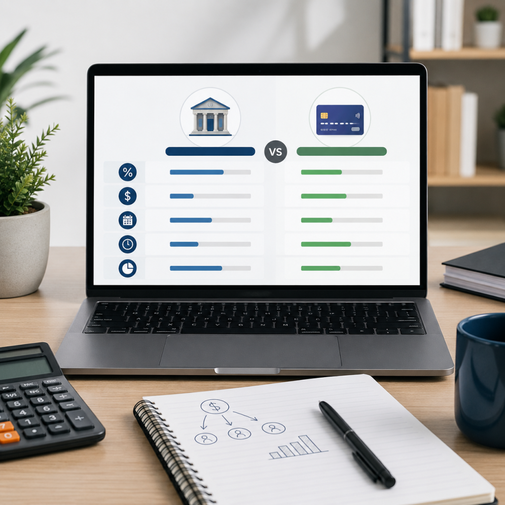 Comparing debt consolidation loan and balance transfer card APRs, fees, payments, and payoff time