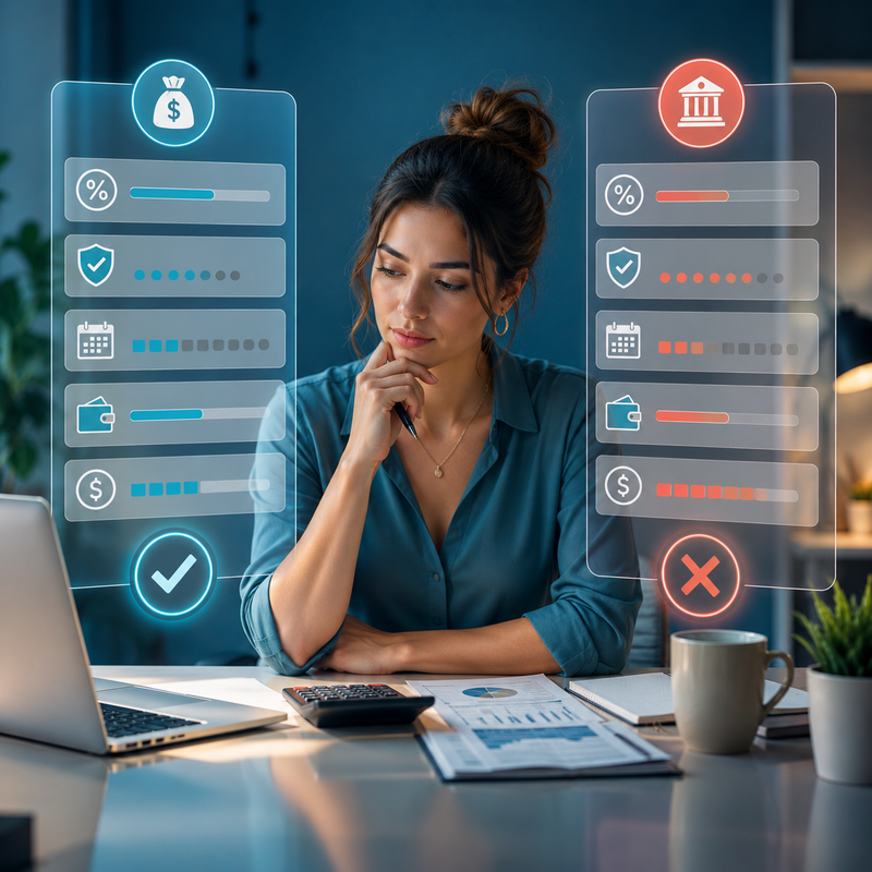 Woman comparing same-day emergency loan offers, fees, and repayment terms