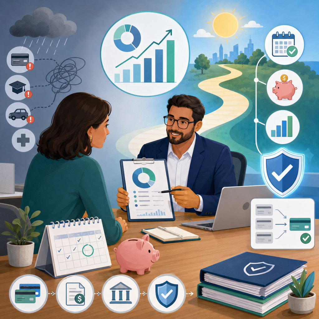 Borrower reviewing debt consolidation alternatives and a long-term repayment plan