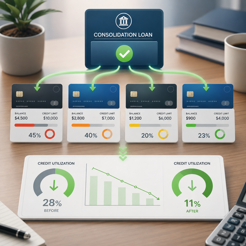 Debt consolidation lowering credit card balances and credit utilization