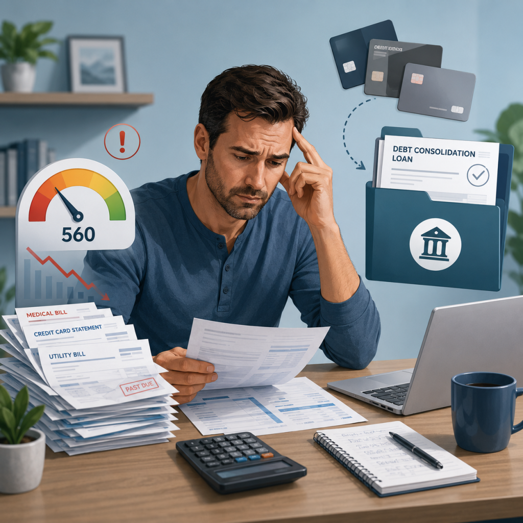 Borrower considering a debt consolidation loan with bad credit while reviewing bills