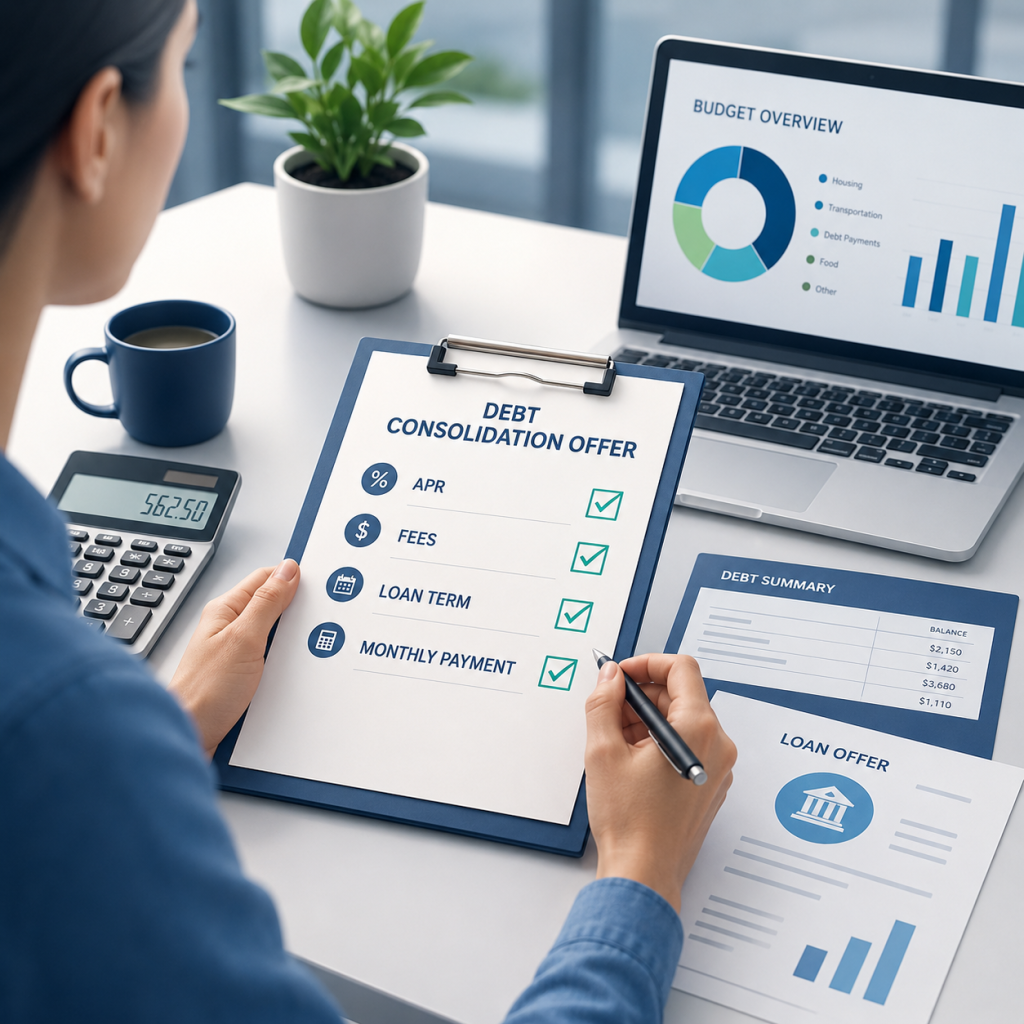 Loan offer checklist showing APR, fees, loan term, and monthly payment