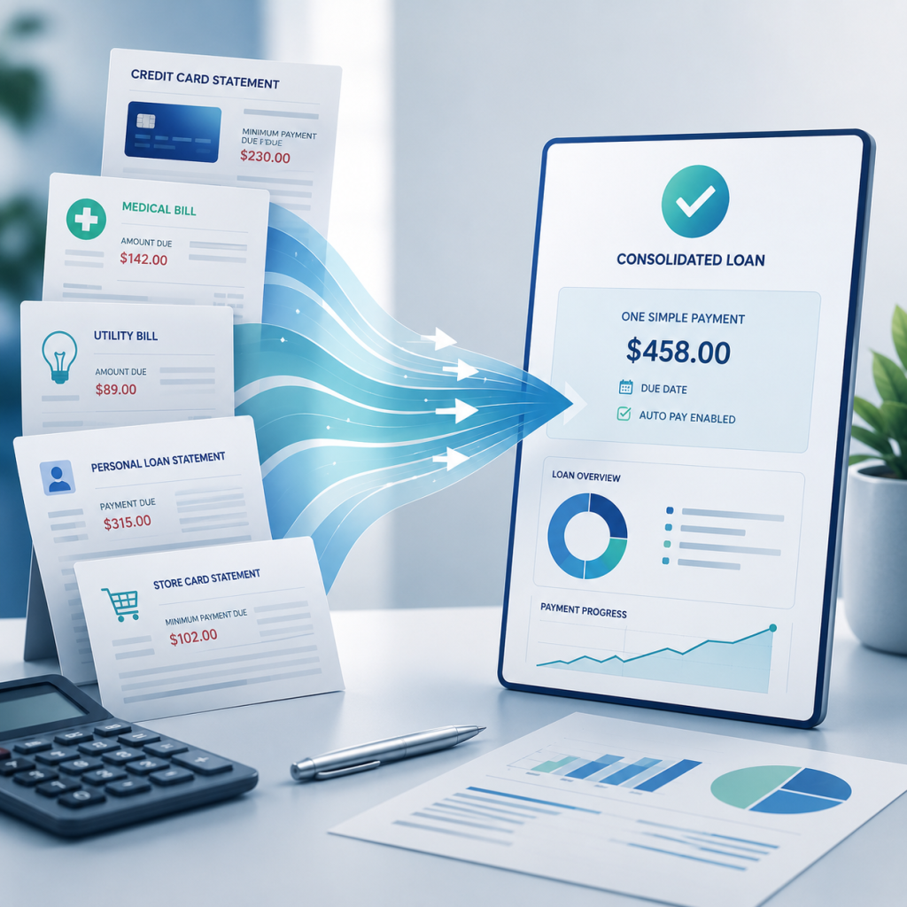 Debt consolidation combining several bills into one monthly payment