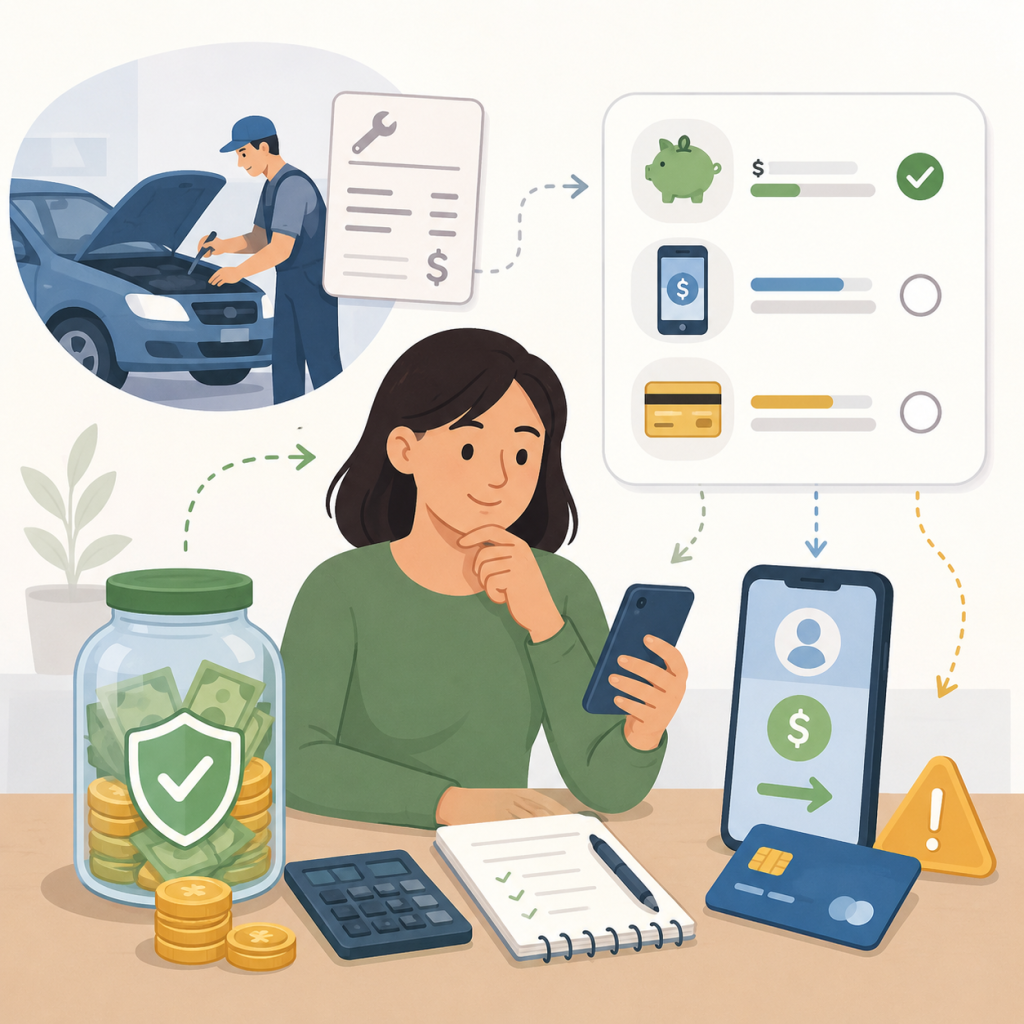 Person comparing savings, a pay advance, and a credit card for an emergency car repair