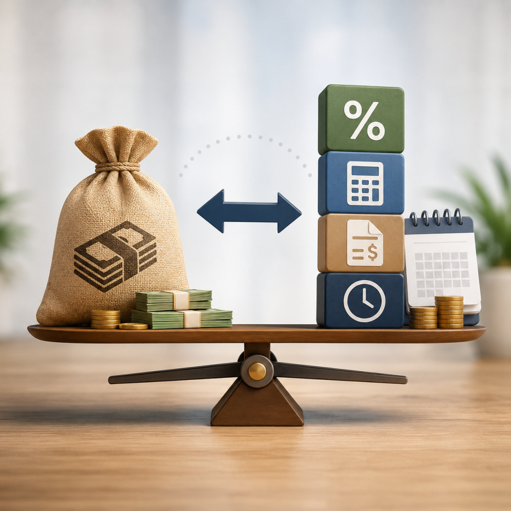 Balance scale comparing loan proceeds with total repayment costs