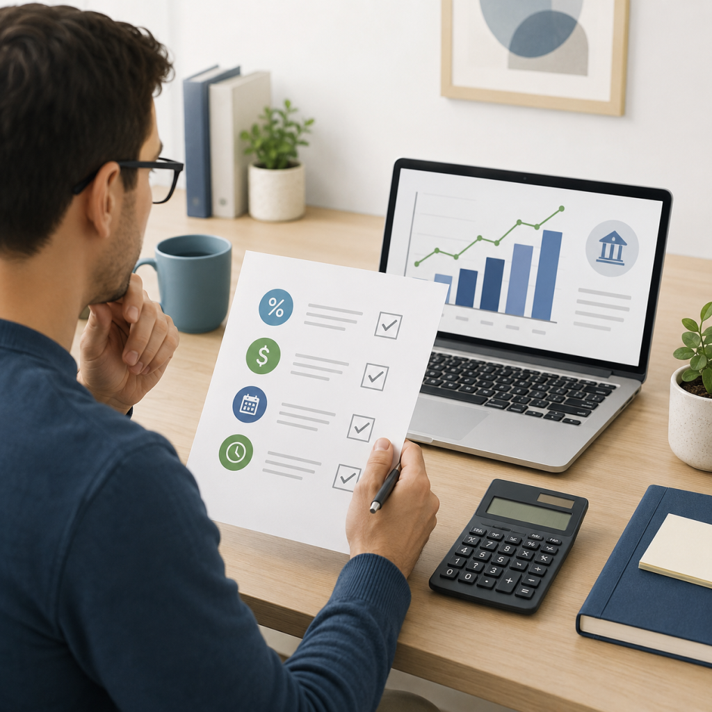 reviewing loan fees APR and repayment terms on desk