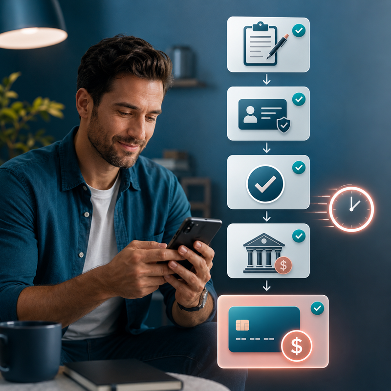 Man using a mobile app to complete the same-day emergency loan process