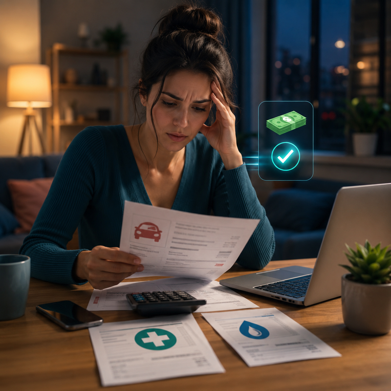Woman comparing same-day emergency loans, fees, funding times, and repayment terms