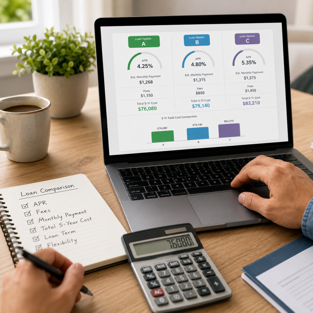 Comparing prequalification offers by APR, fees, monthly payment, and total cost