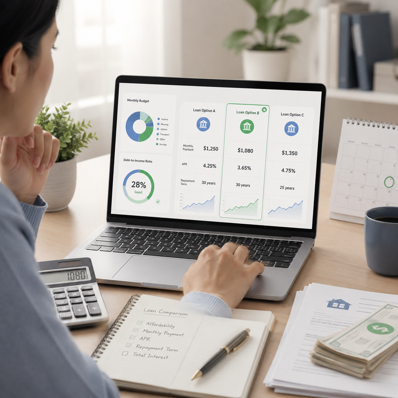 Borrower comparing loan payments, APR, and debt-to-income ratio