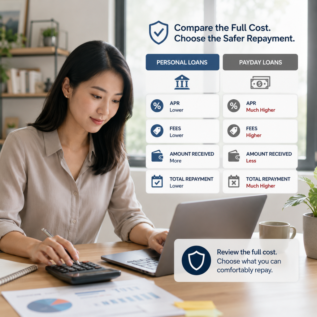 Borrower comparing personal loan and payday loan APRs, fees, and total repayment