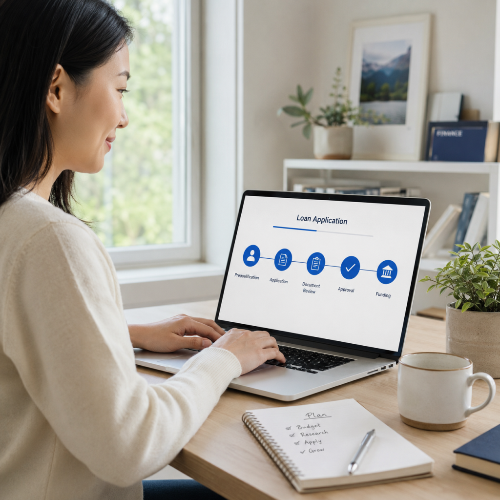 Woman reviewing the loan application process on a laptop