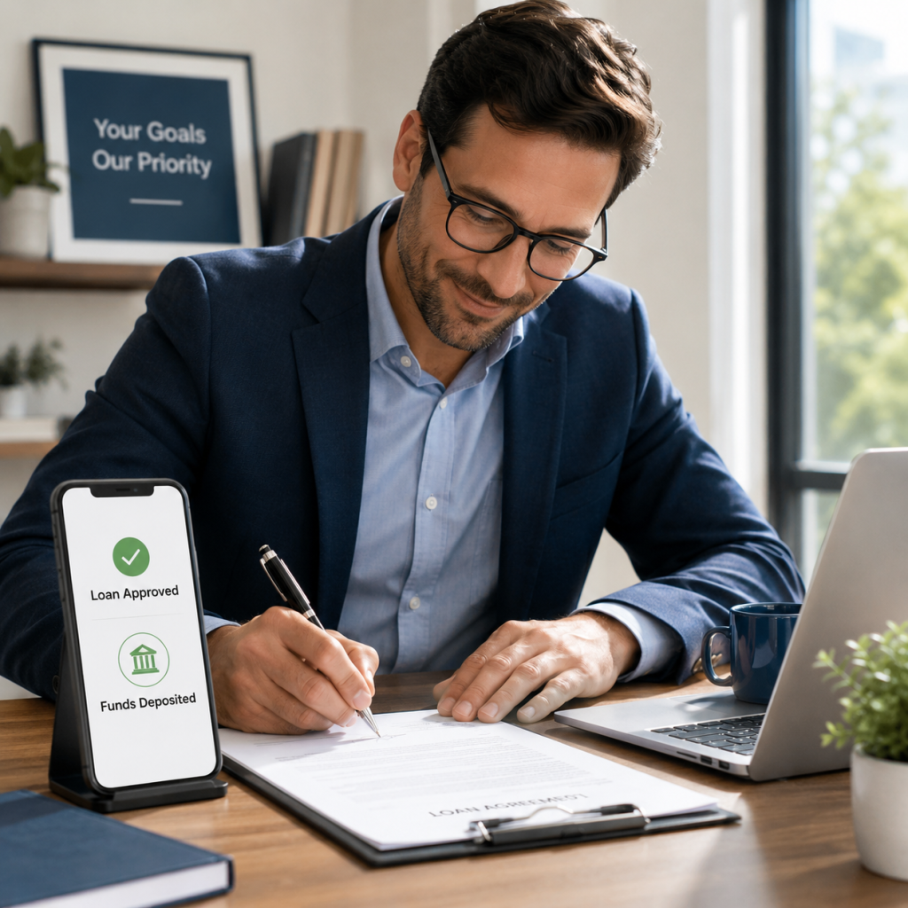 Borrower signing a loan agreement after approval and funding