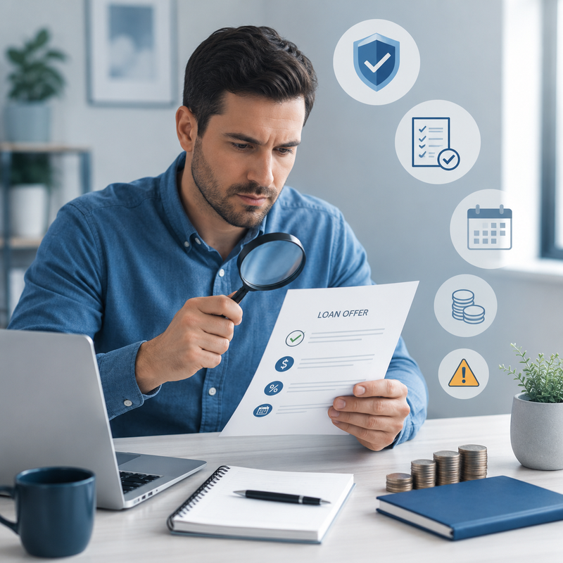 Borrower reviewing personal loan terms, fees, and repayment schedule