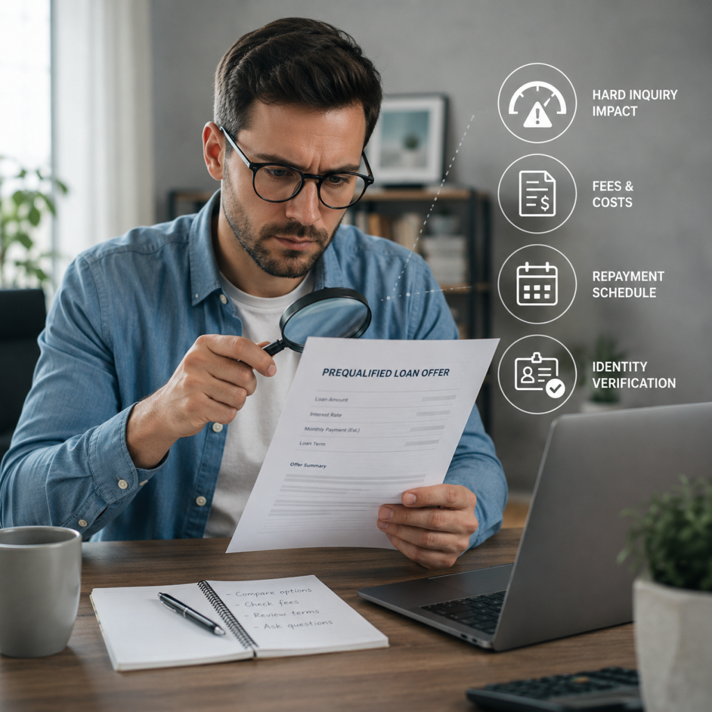 Borrower reviewing a prequalified loan offer before a hard credit inquiry