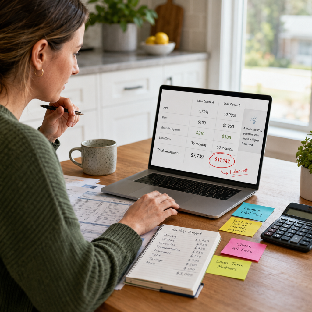 Woman comparing loan costs and total repayment at home