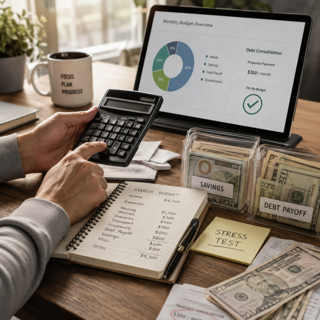 Household budget stress test for a debt consolidation loan payment