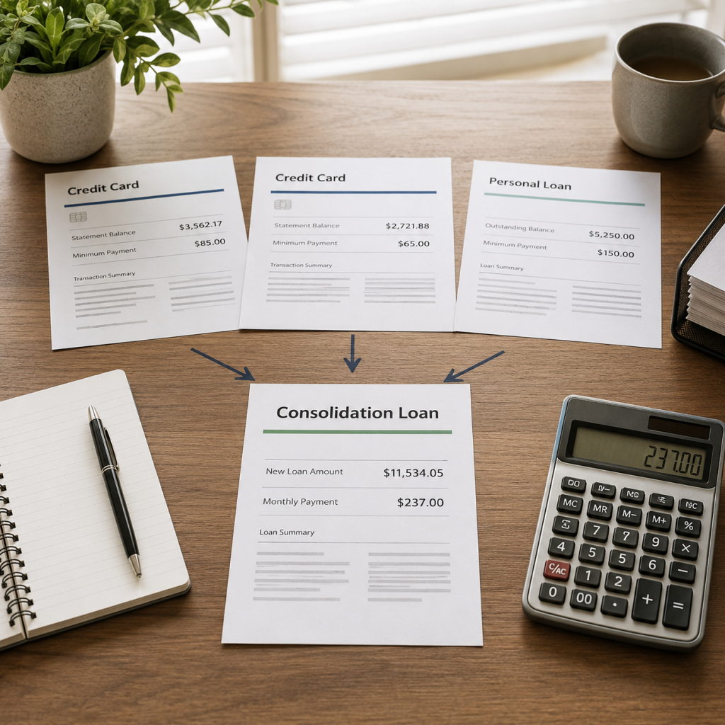 Credit card and personal loan balances combined into a debt consolidation loan