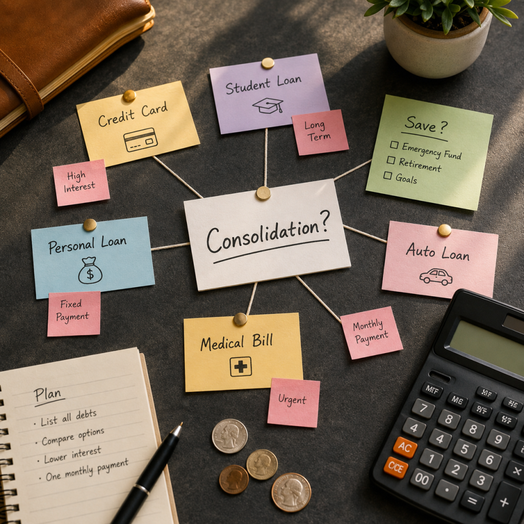 Debt consolidation decision map comparing different debts and repayment goals