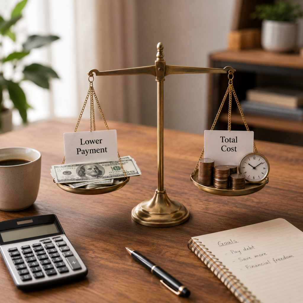 Debt consolidation comparison of lower monthly payment versus total cost