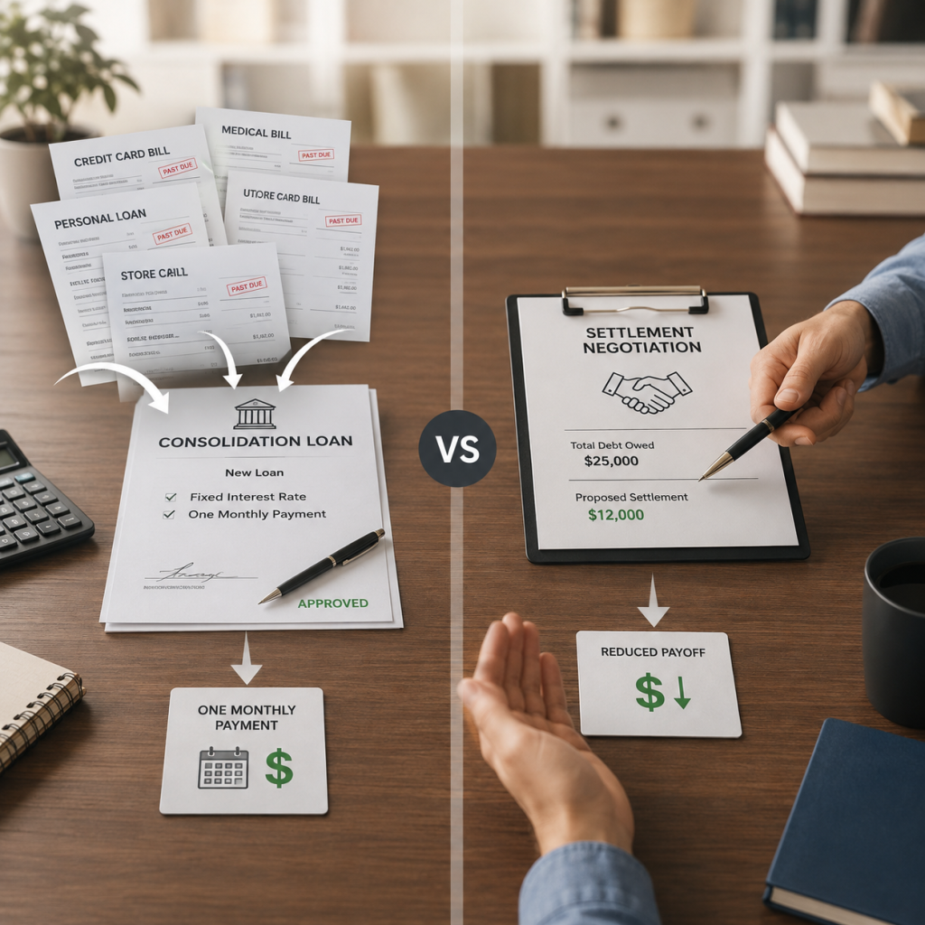 Debt consolidation vs debt settlement comparison showing different ways to handle debt