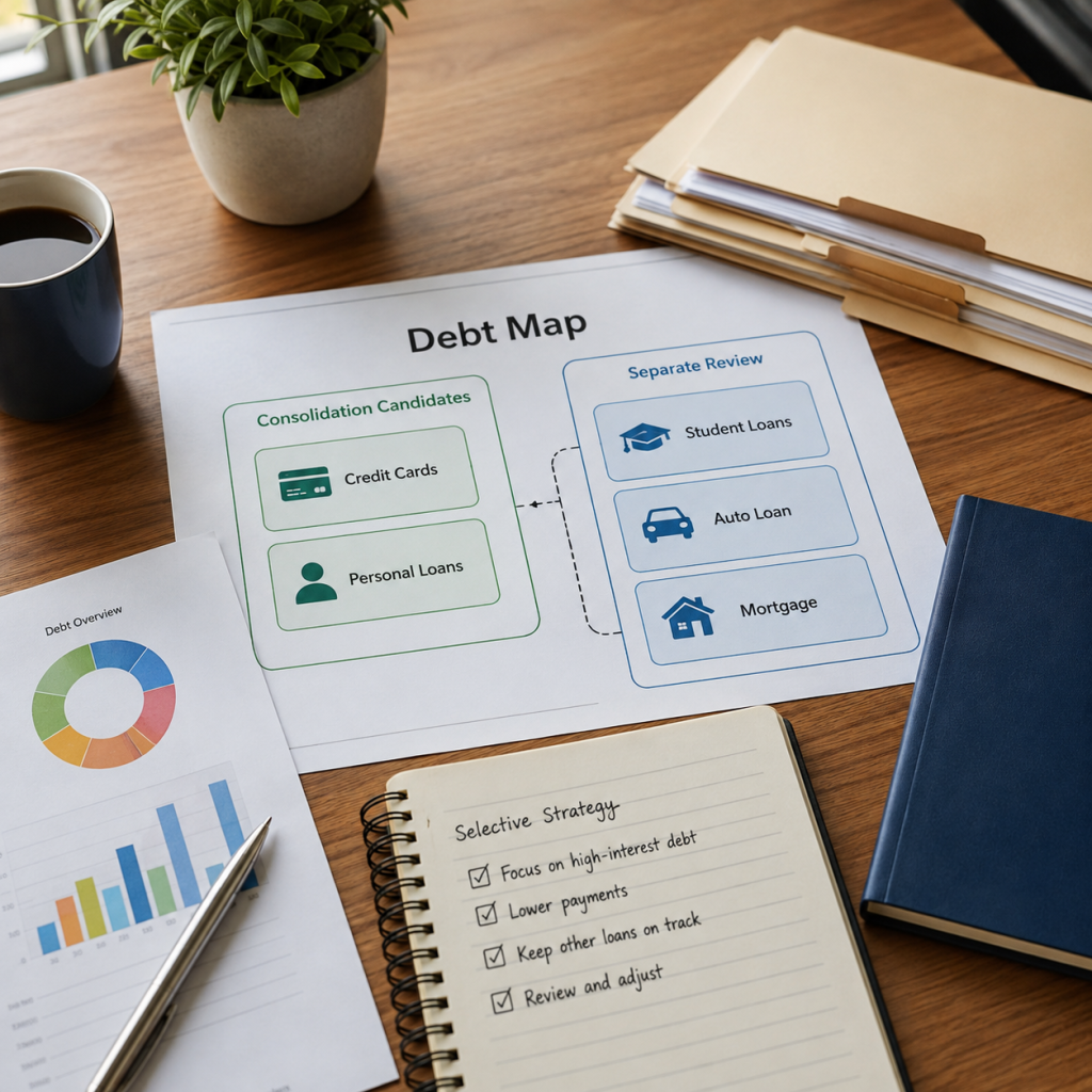 Debt map showing which debts may be suitable for consolidation and which need separate review