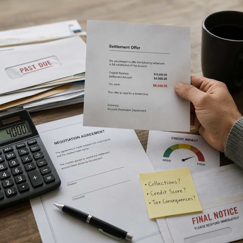 Debt settlement offer with past-due bills, credit risk, and possible tax consequences