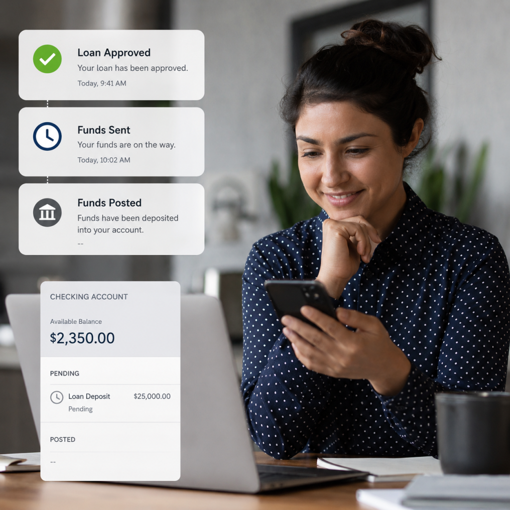 Loan approval, funds sent, and bank posting shown as separate stages