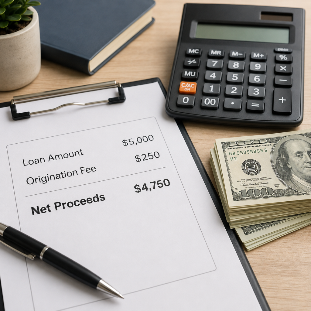 Loan origination fee reducing a $5,000 loan to $4,750 in net proceeds