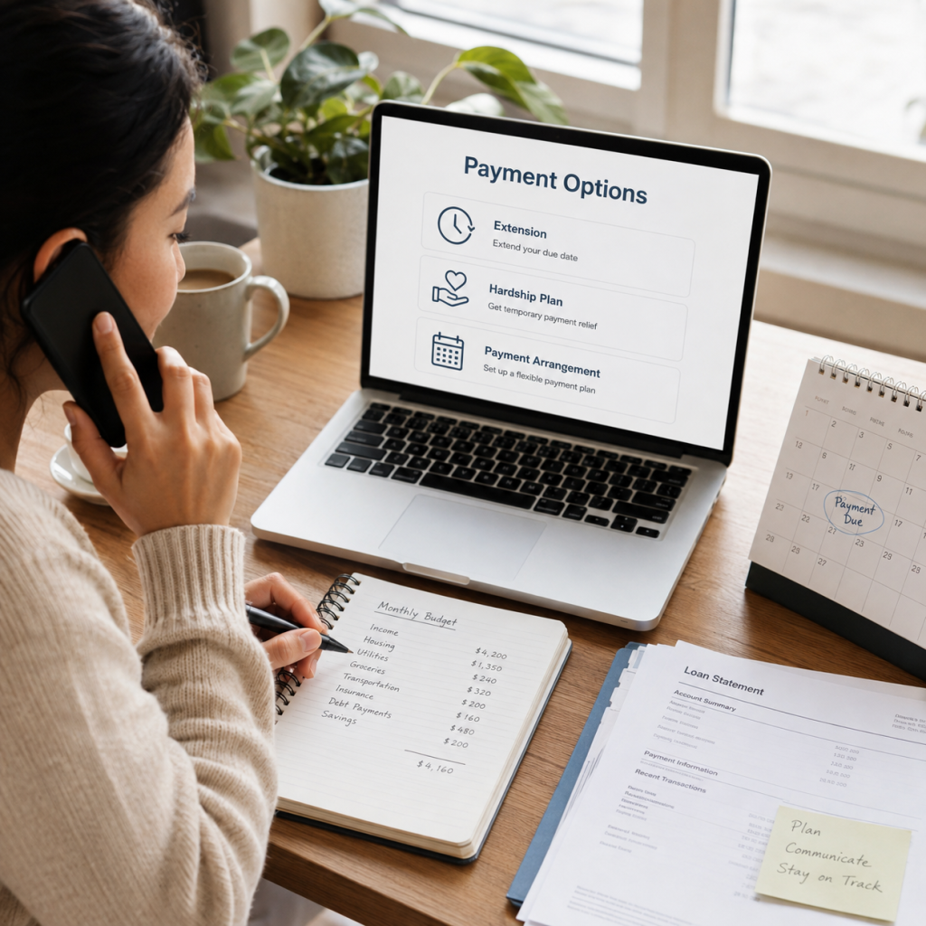 Borrower reviewing payment options and hardship plan after missing a loan payment