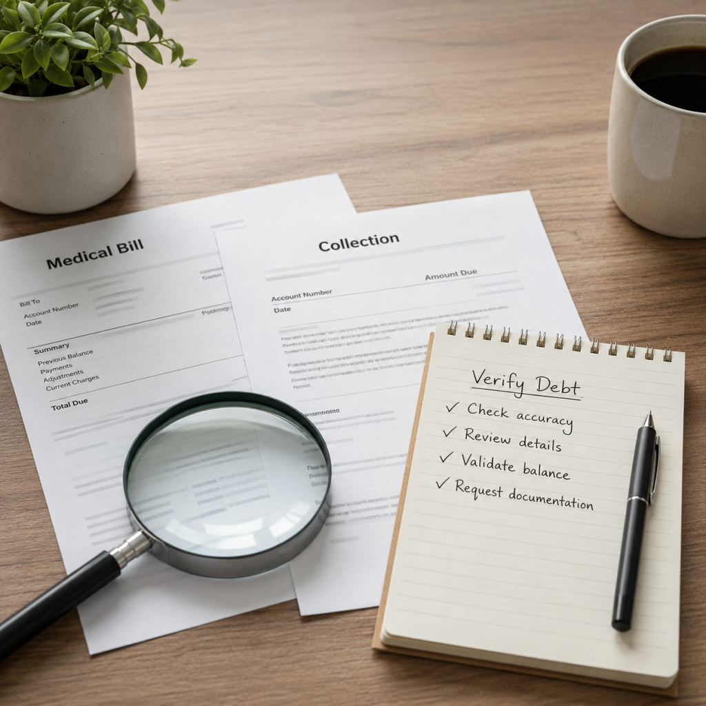 Medical bill and collection account being reviewed before debt consolidation