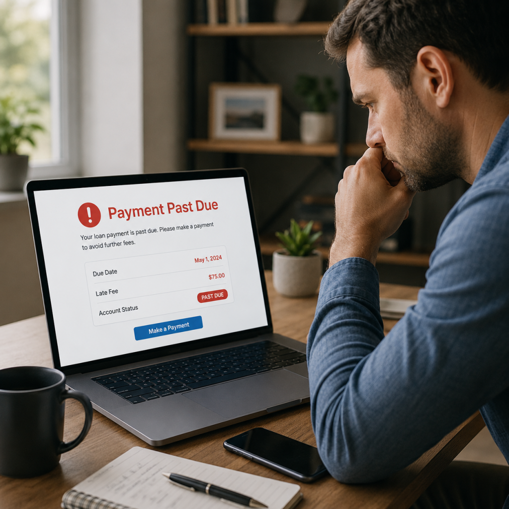 Borrower reviewing a past due loan payment notice on a laptop